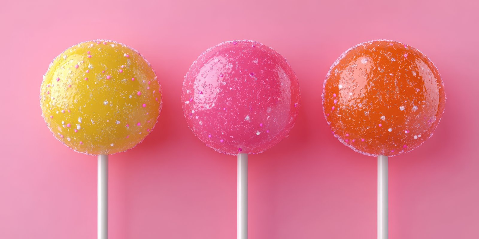 Colorful lollipops arranged in a row against a vibrant pink background
